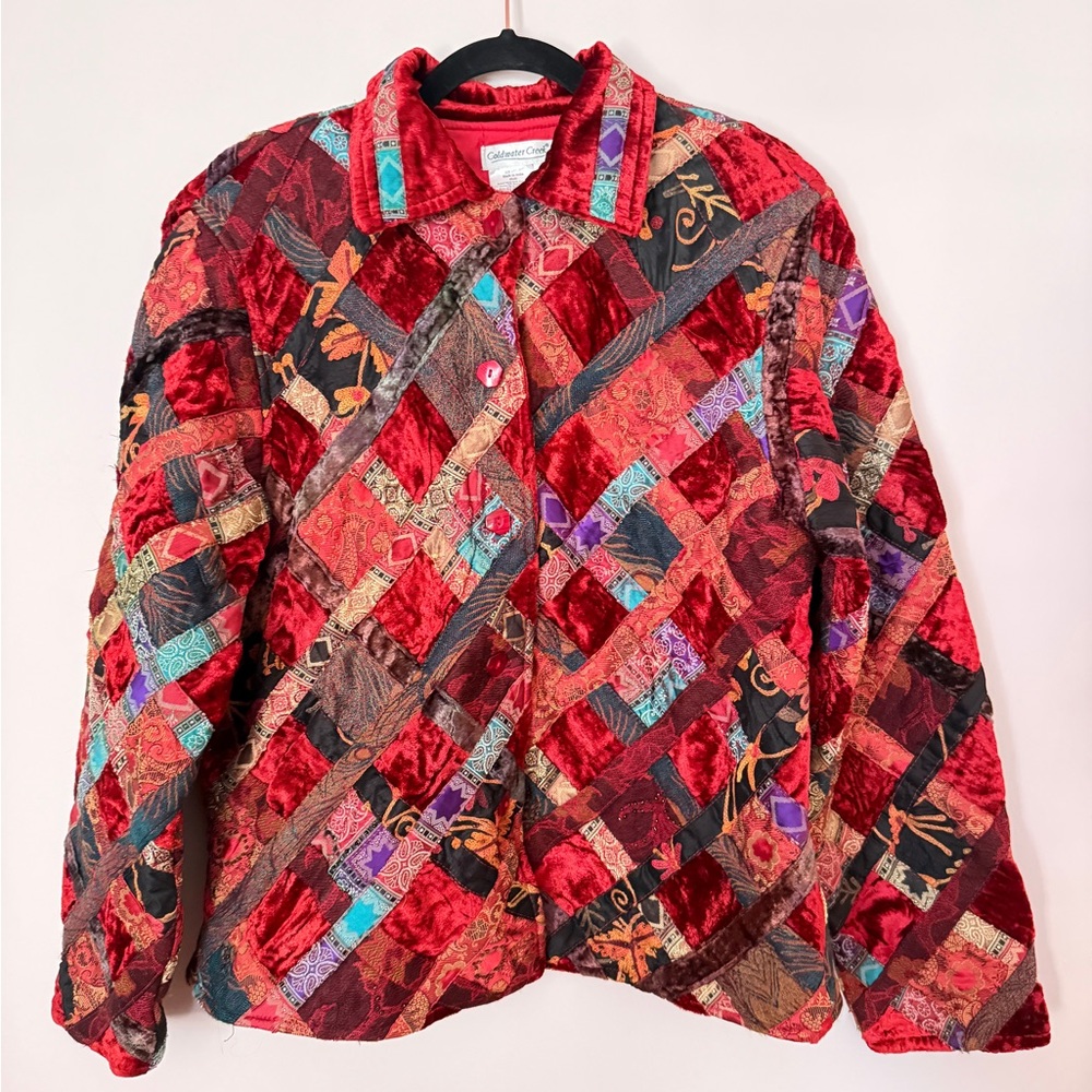 Coldwater Creek XL Red Quilted Patchwork Jacket Velvet Silk Wool